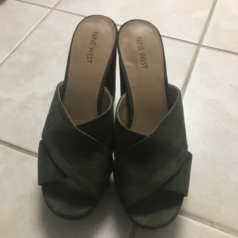 Dark green suede platform wedge sandals